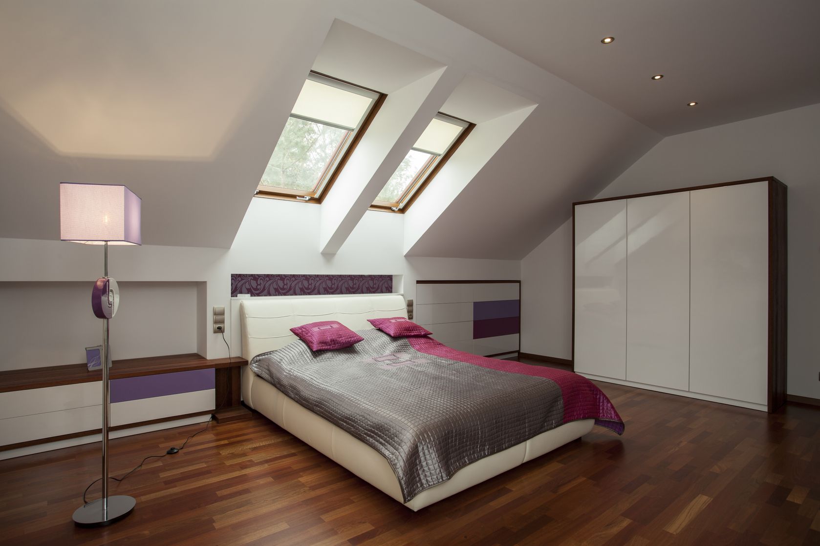 bright bedroom with wooden floor and violet additions